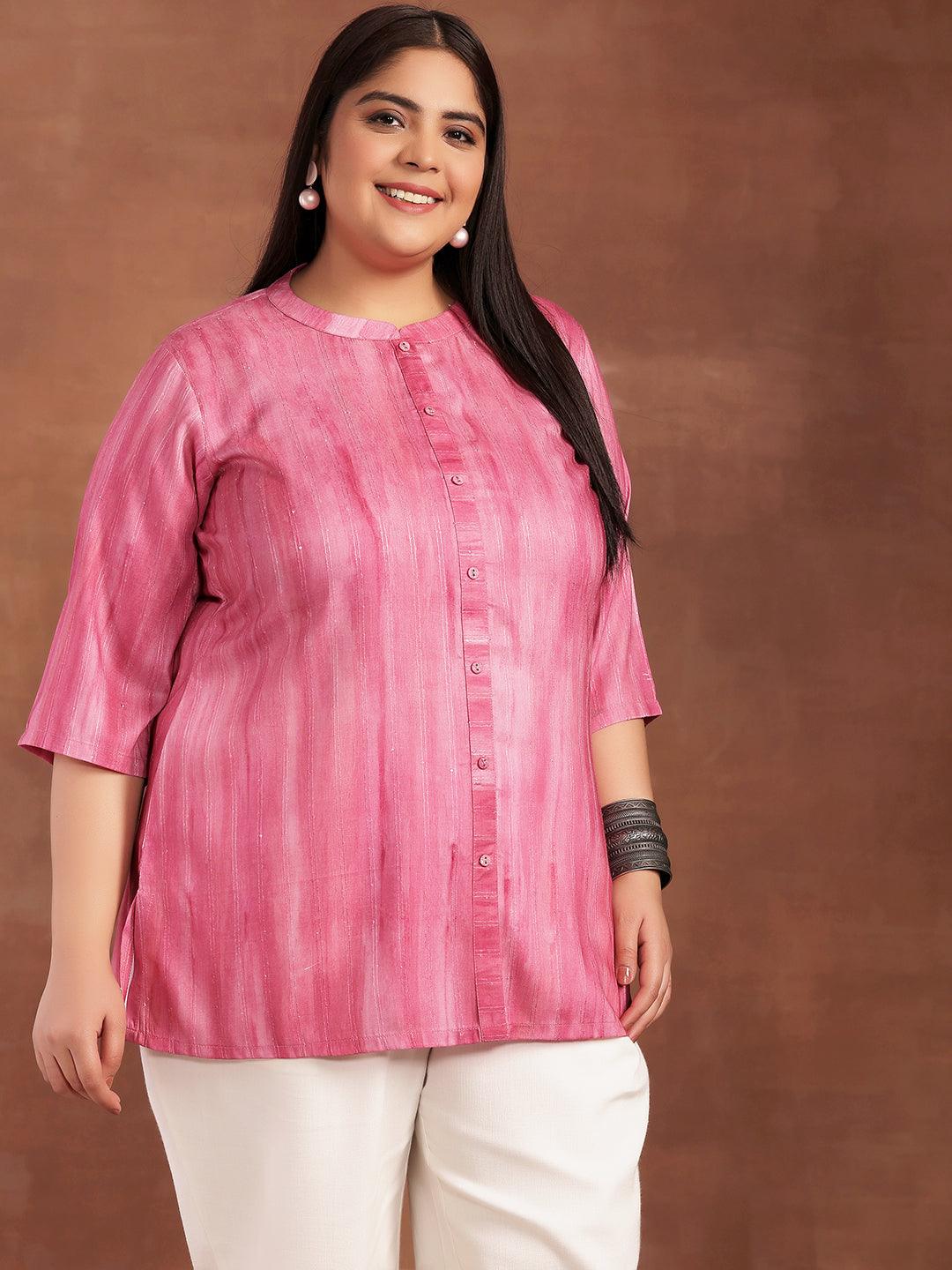 Plus Size Pink Printed Cotton Blend Straight Kurti - Libas