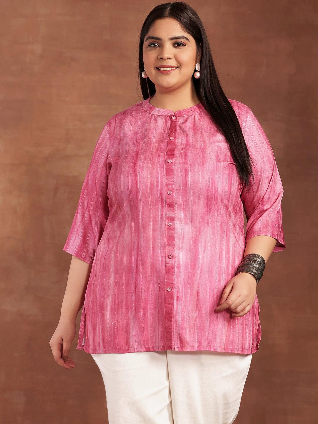 Plus Size Pink Printed Cotton Blend Straight Kurti - Libas