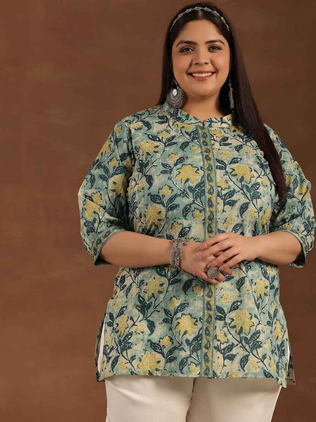 Plus Size Green Printed Cotton Straight - Libas