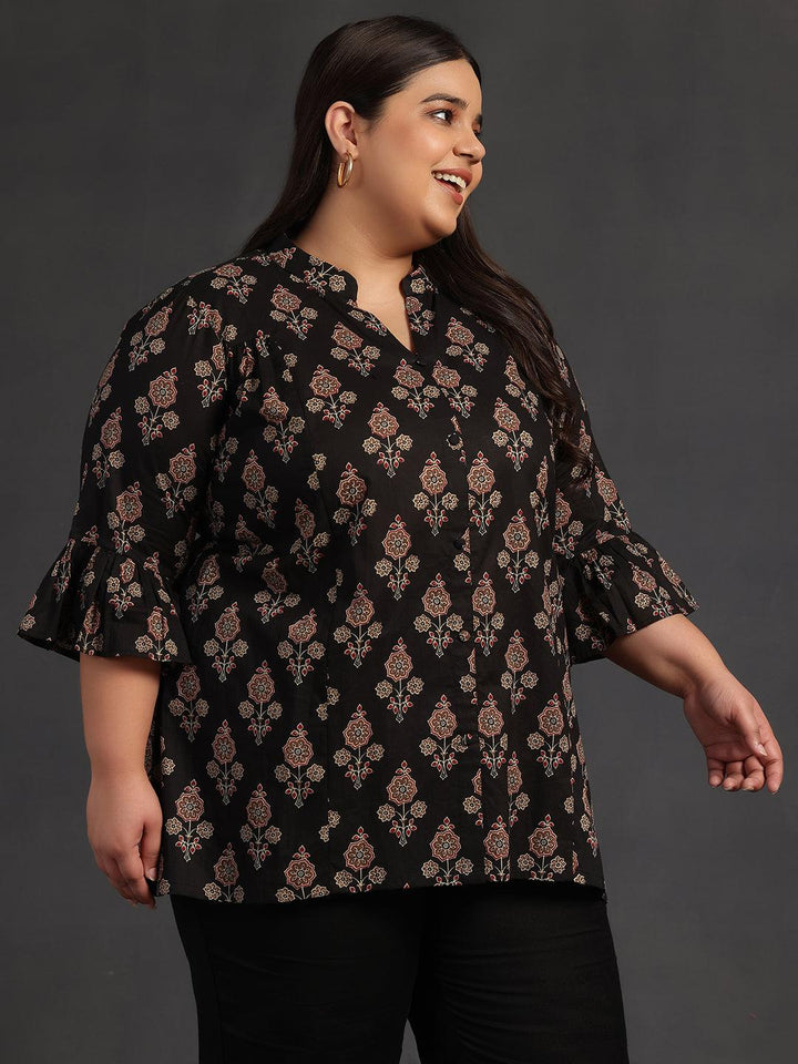 Buy Plus Size Black Printed Cotton A-Line Kurti Online at Rs.689 | Libas