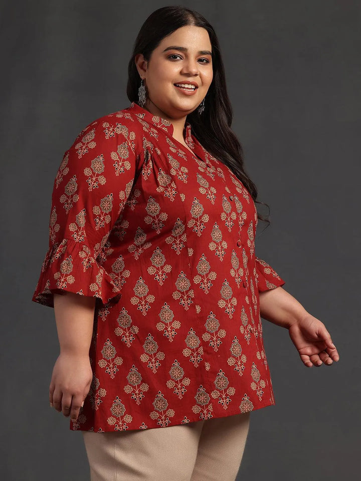 Plus Size Maroon Printed Cotton A-Line Kurti - Libas