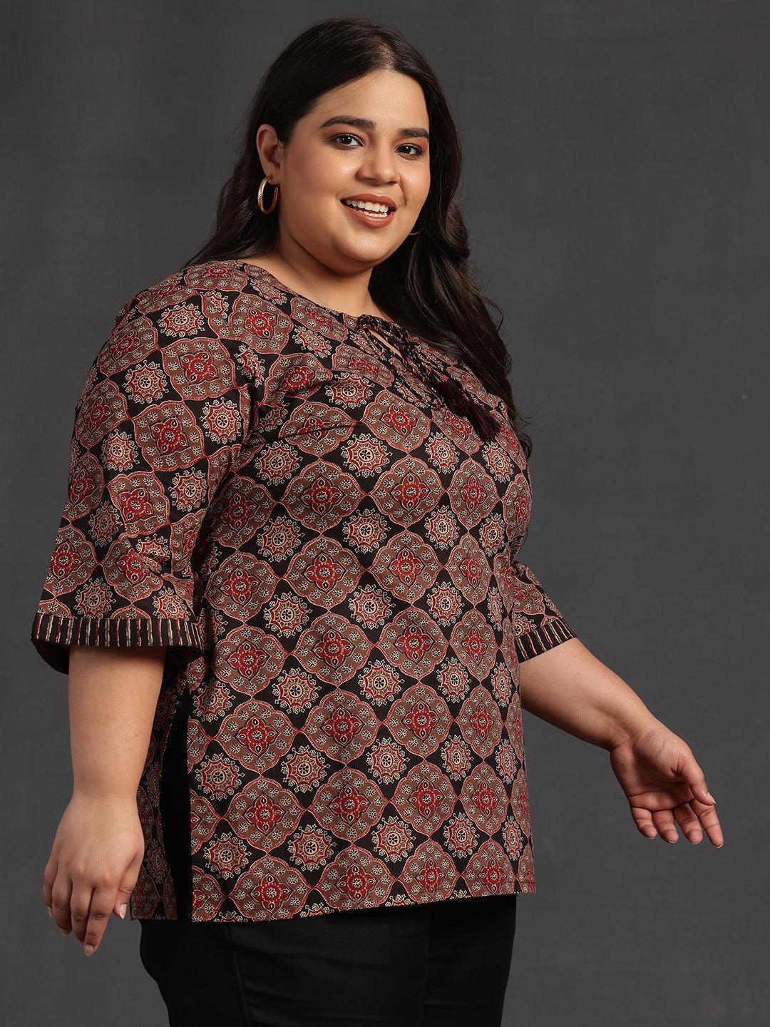 Plus Size Black Printed Cotton Straight Kurti - Libas