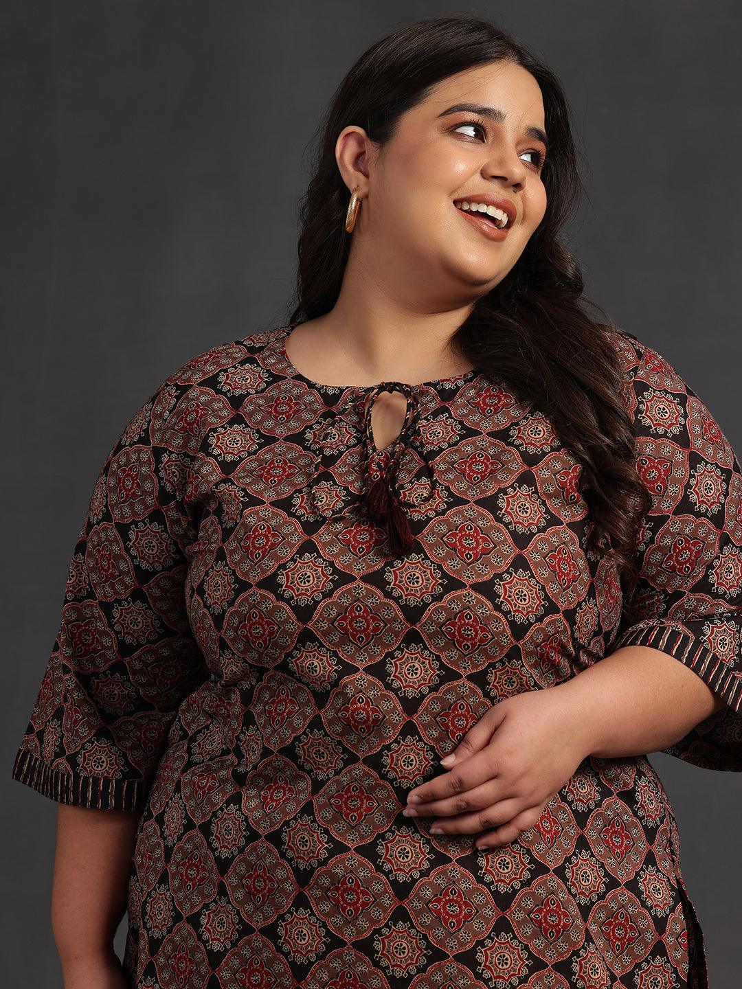 Plus Size Black Printed Cotton Straight Kurti - Libas