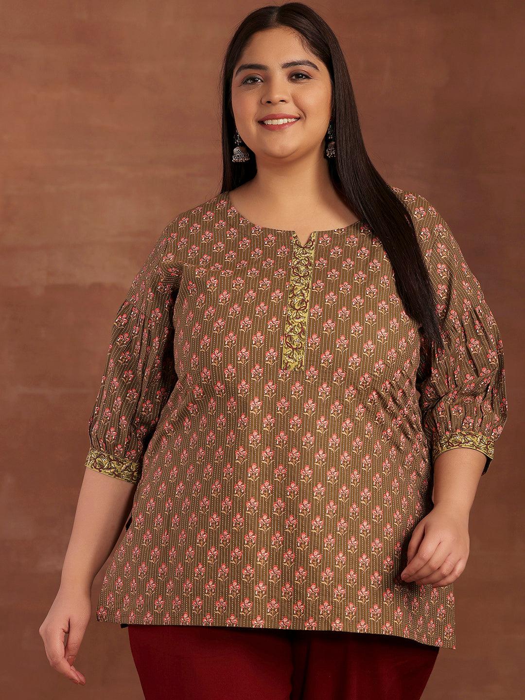 Plus Size Olive Printed Cotton Straight Kurti - Libas