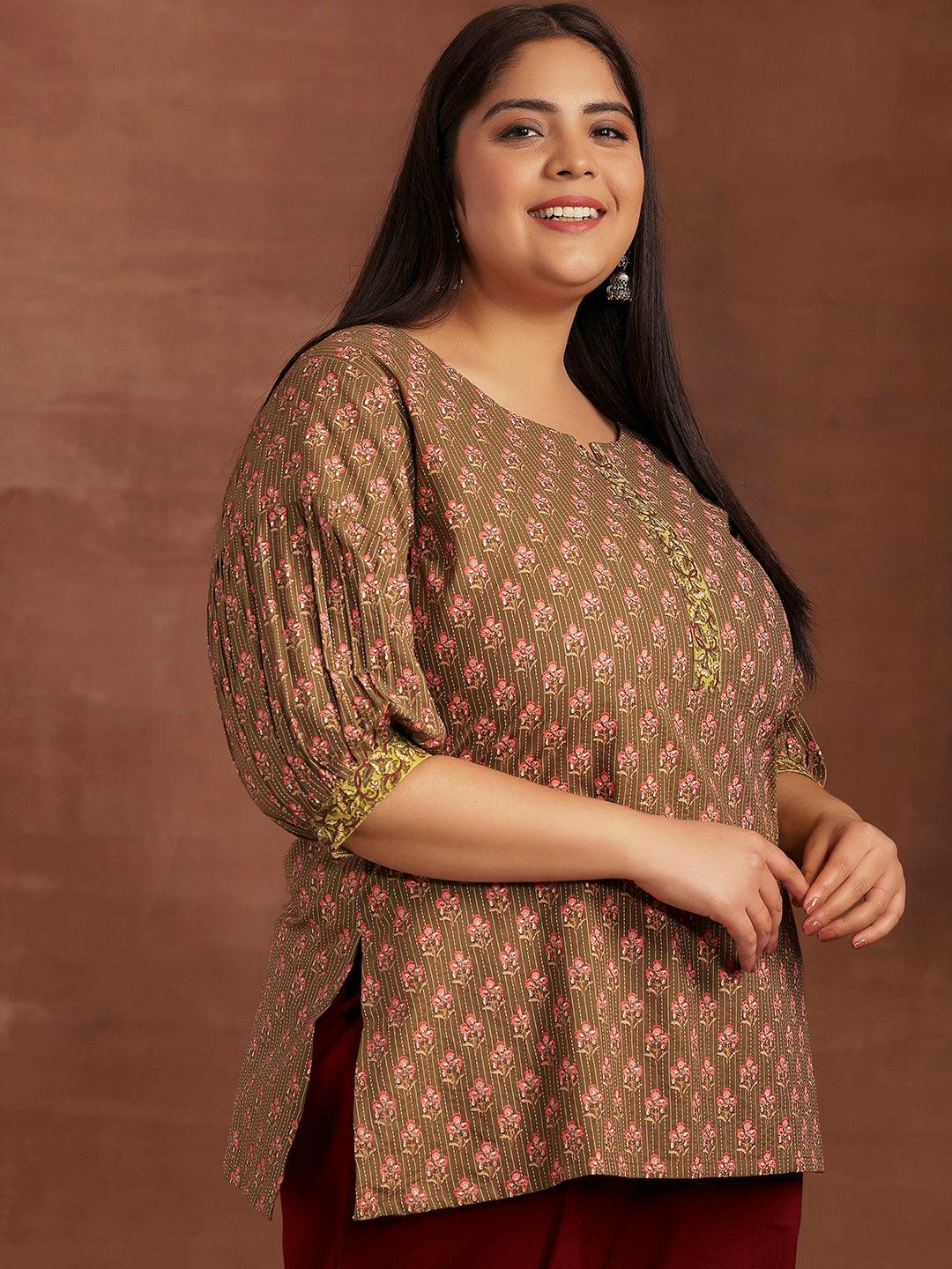 Plus Size Olive Printed Cotton Straight Kurti - Libas