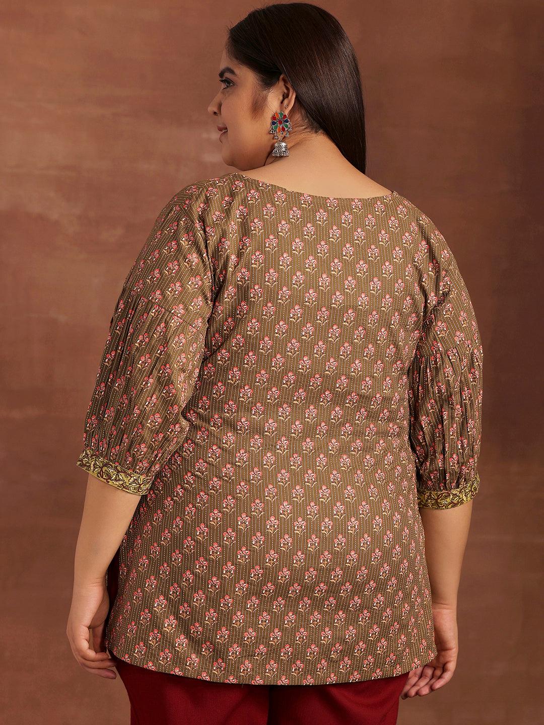 Plus Size Olive Printed Cotton Straight Kurti - Libas