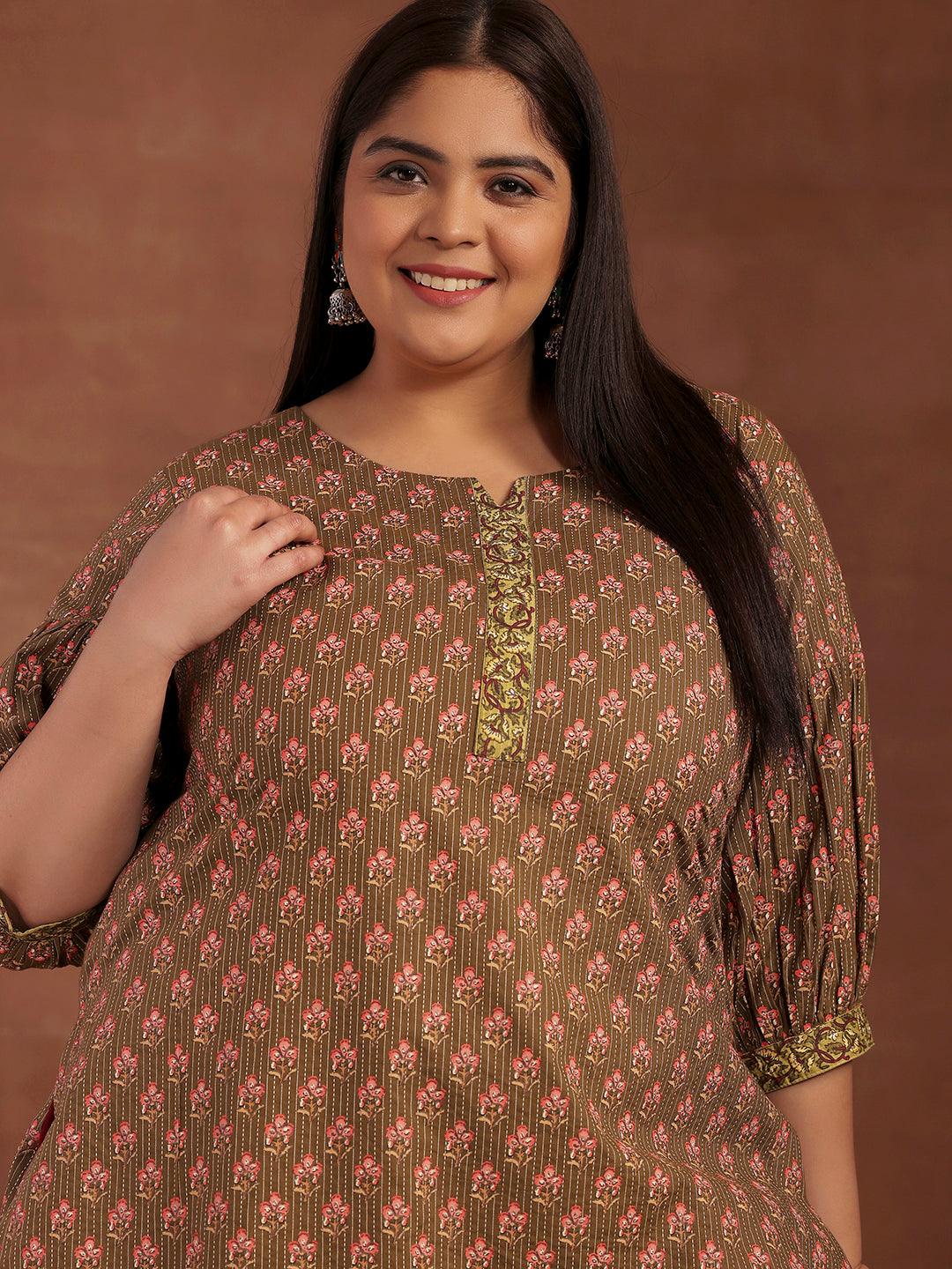 Plus Size Olive Printed Cotton Straight Kurti - Libas