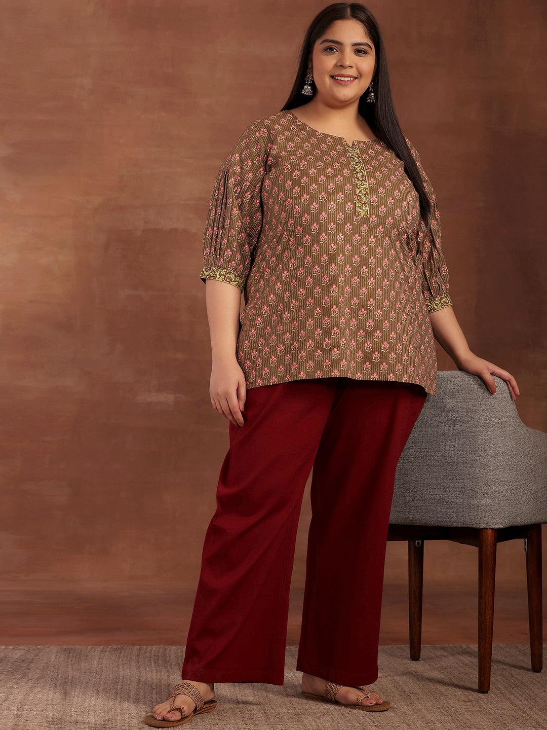 Plus Size Olive Printed Cotton Straight Kurti - Libas