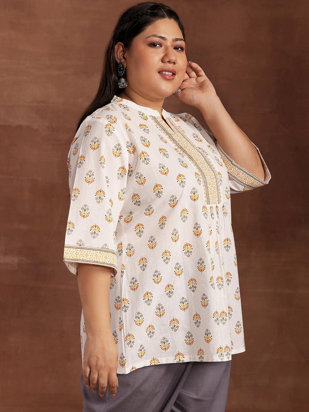 Plus Size White Printed Cotton Straight Kurti - Libas 