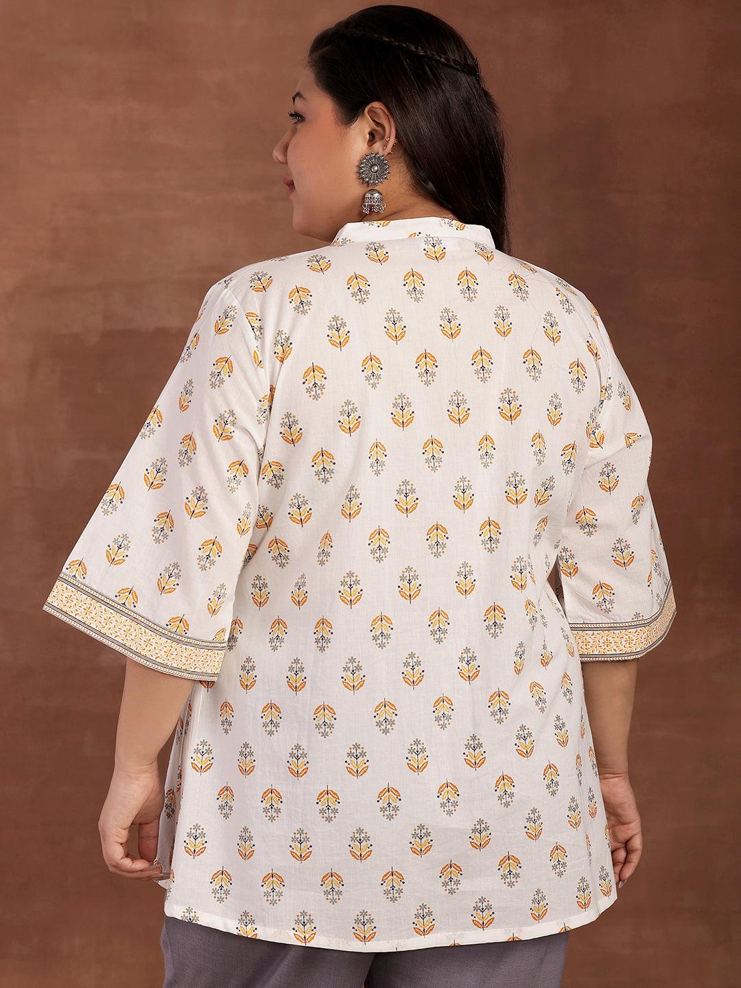 Plus Size White Printed Cotton Straight Kurti - Libas 