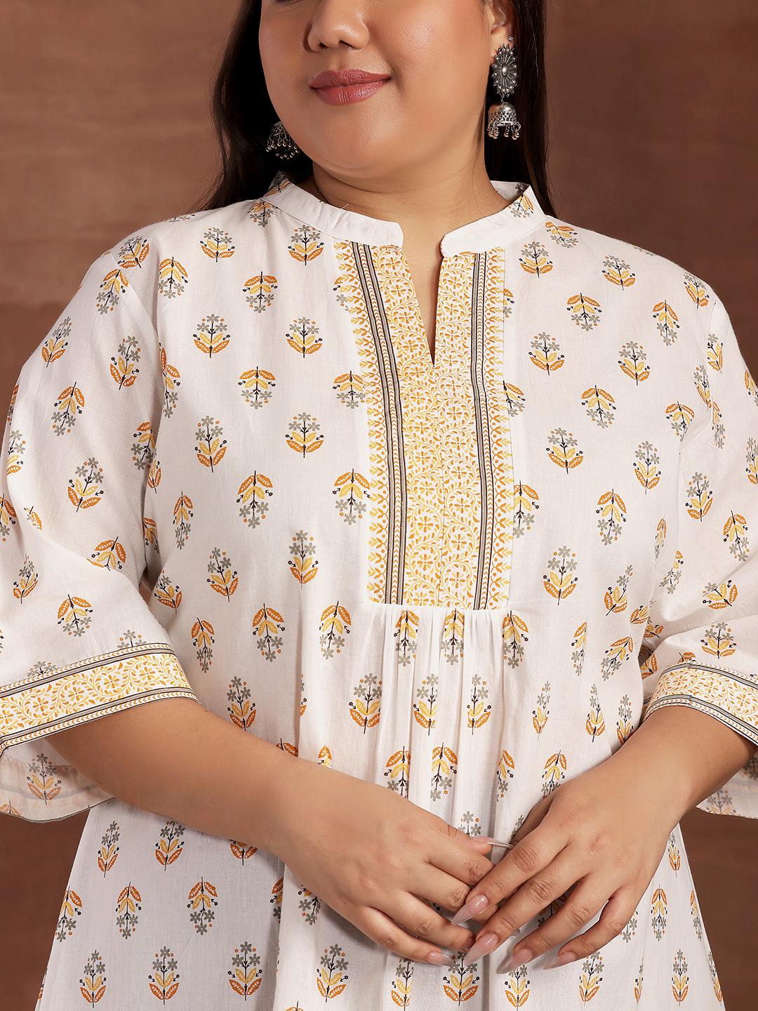 Plus Size White Printed Cotton Straight Kurti - Libas 