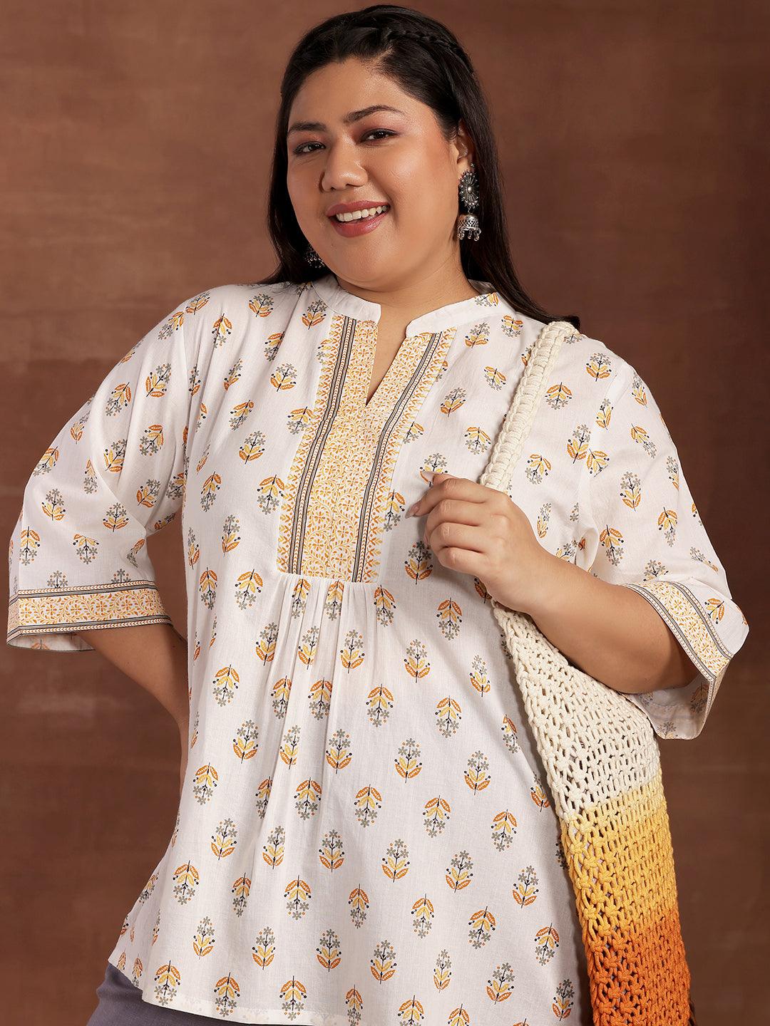 Plus Size White Printed Cotton Straight Kurti - Libas 