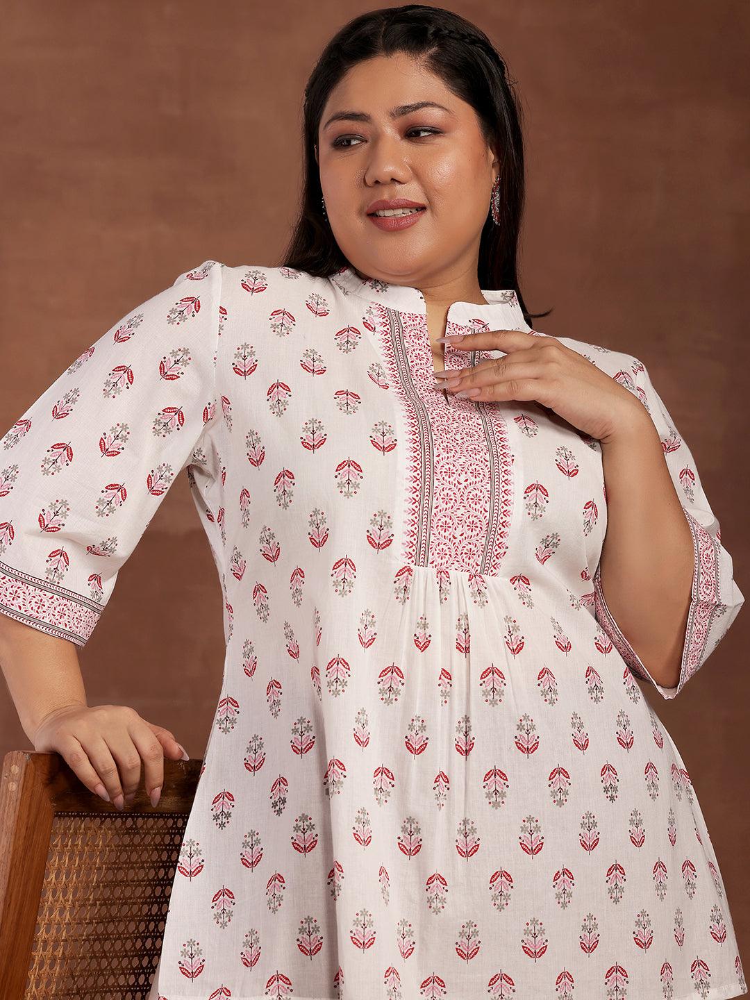 Plus Size White Printed Cotton Straight Kurti - Libas