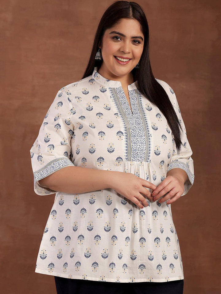 Plus Size White Printed Cotton Straight Kurti - Libas