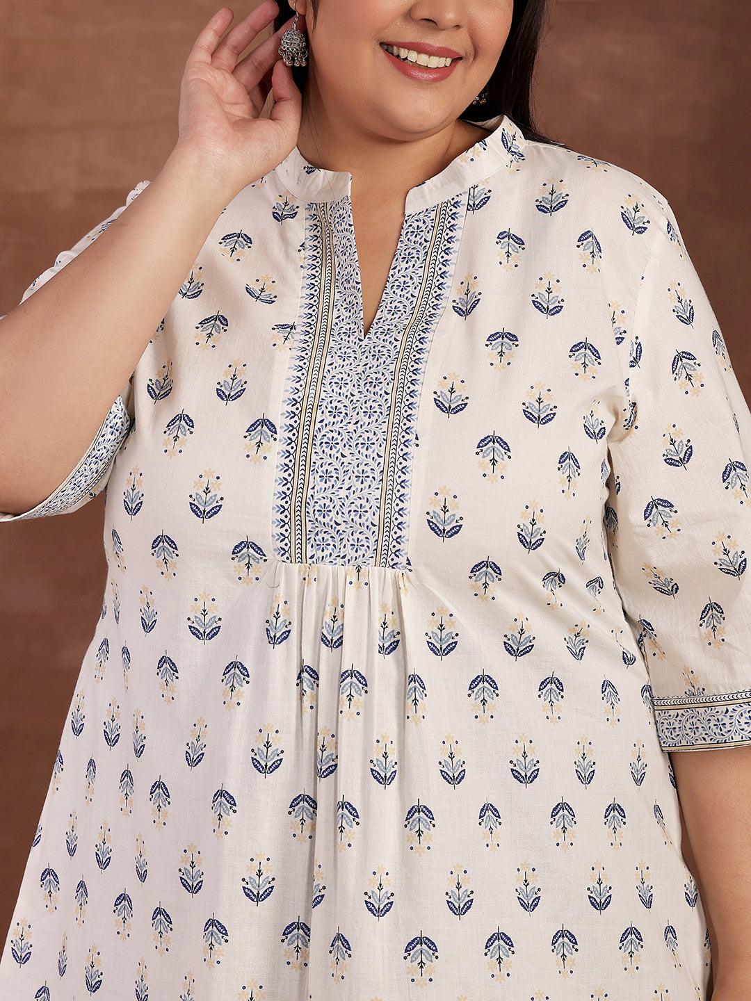 Plus Size White Printed Cotton Straight Kurti - Libas