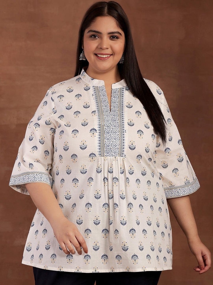 Plus Size White Printed Cotton Straight Kurti - Libas