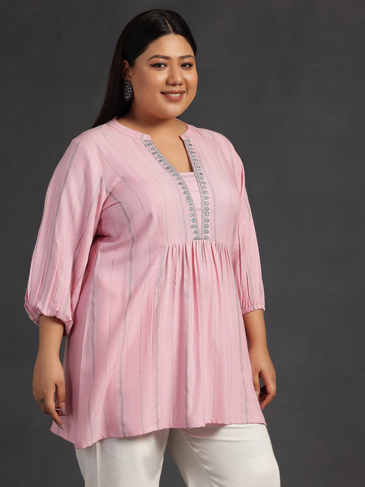 Plus Size Pink Woven Design Cotton Blend Straight Kurti - Libas