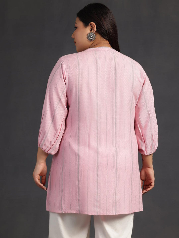 Plus Size Pink Woven Design Cotton Blend Straight Kurti - Libas