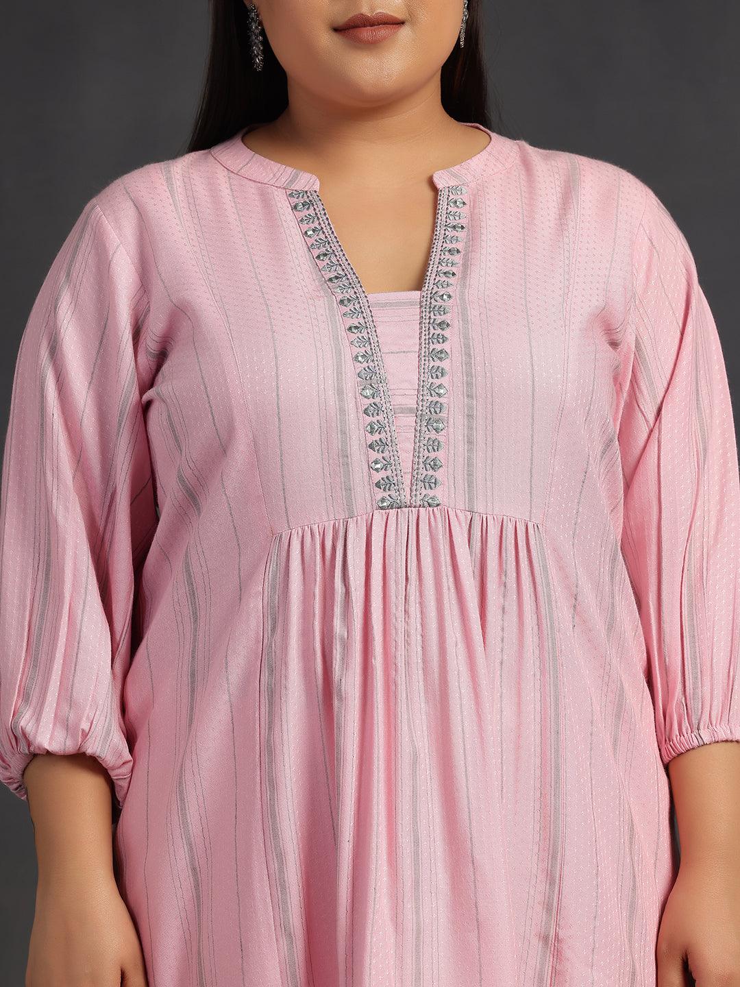 Plus Size Pink Woven Design Cotton Blend Straight Kurti - Libas