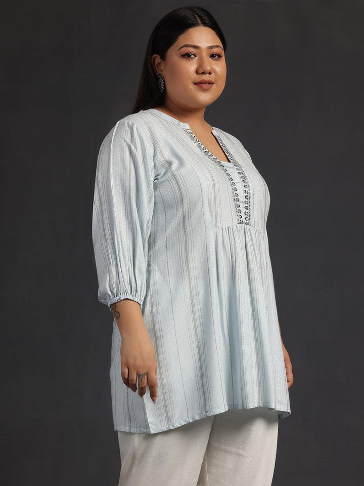 Plus Size Blue Woven Design Cotton Blend Straight Kurti - Libas