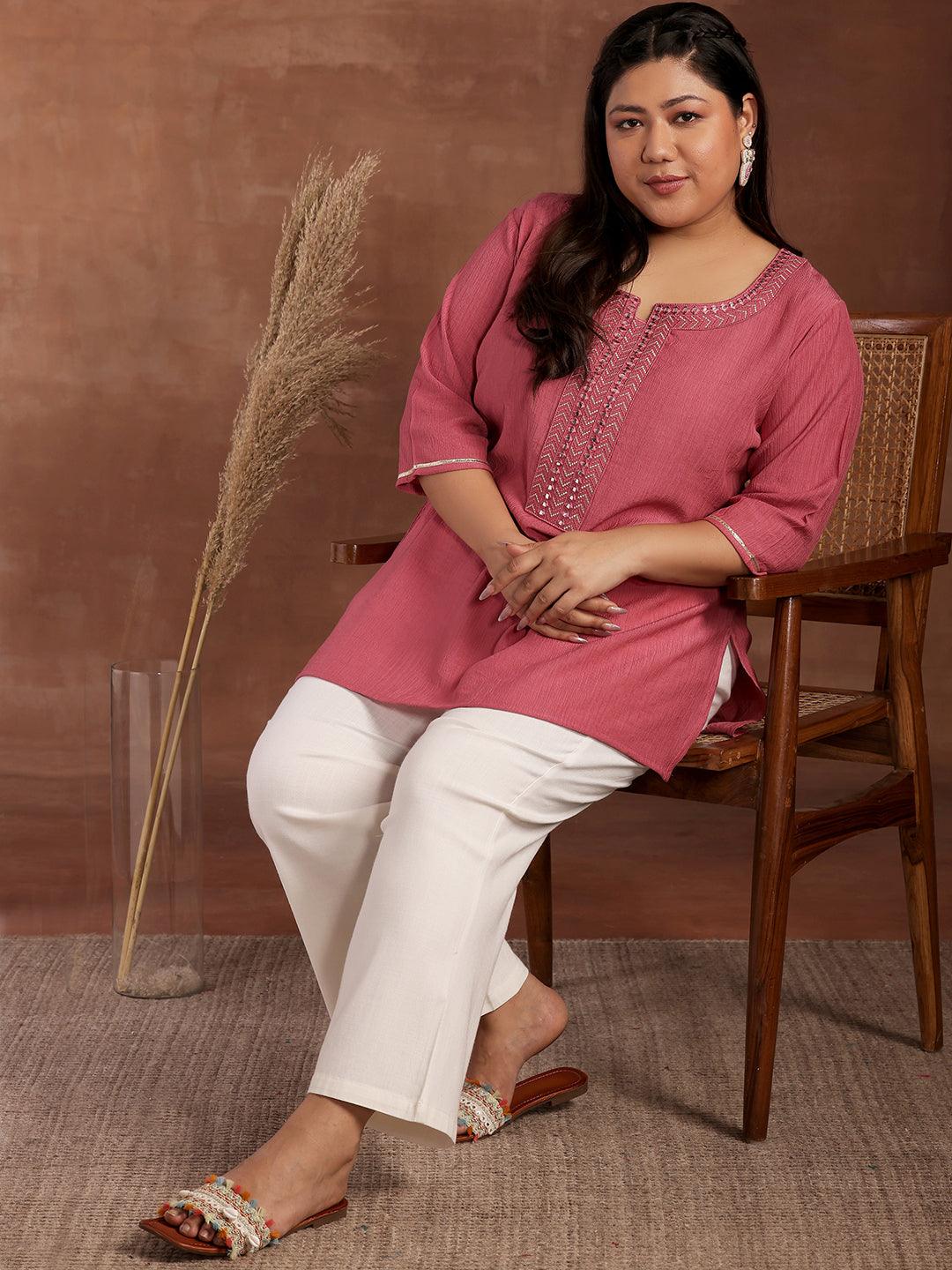 Plus Size Pink Woven Design Cotton Blend Straight Kurti - Libas