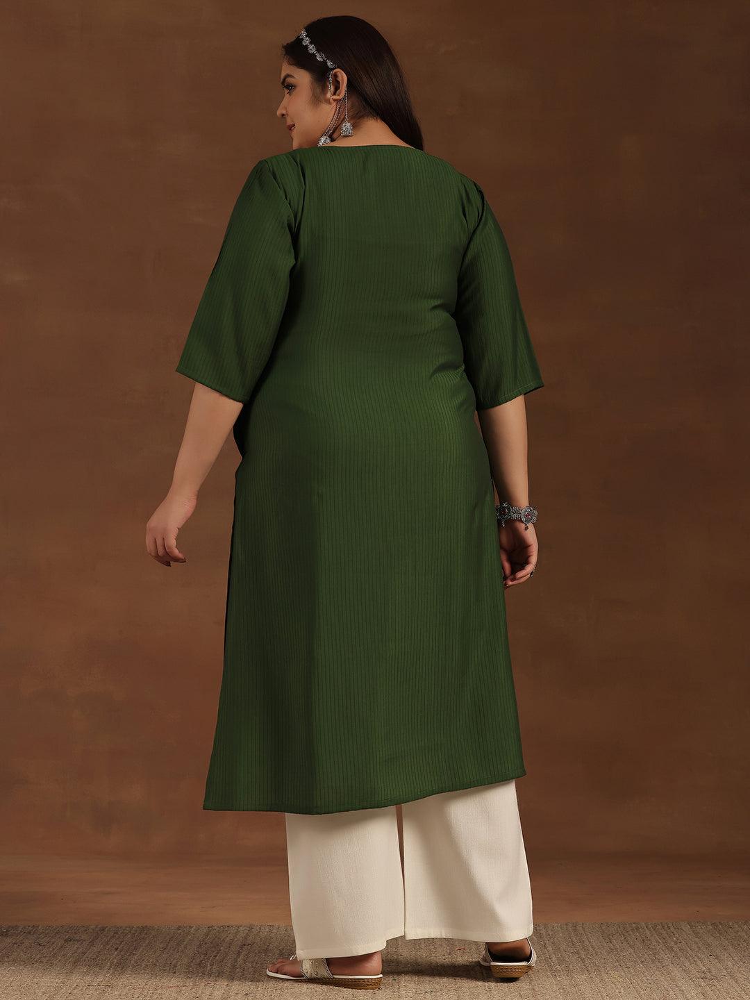 Plus Size Green Woven Design Silk Straight Kurta - Libas