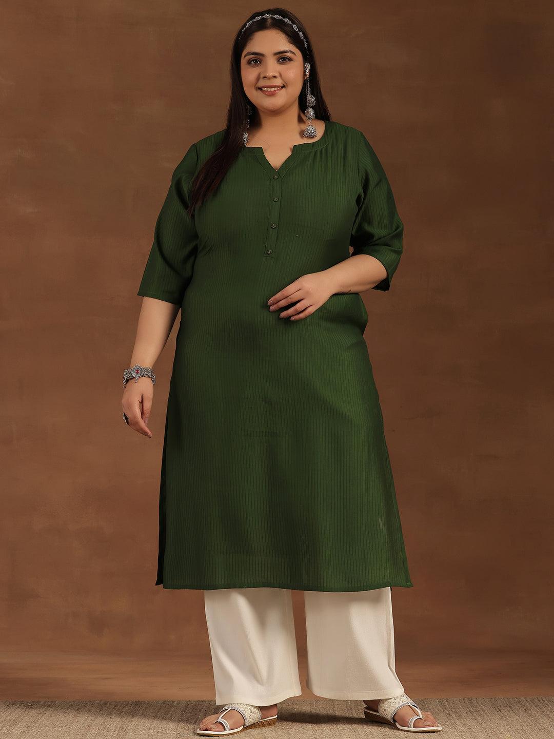 Plus Size Green Woven Design Silk Straight Kurta - Libas