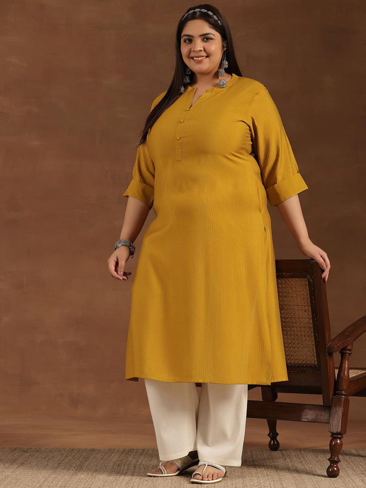 Plus Size Mustard Woven Design Silk Straight Kurta - Libas