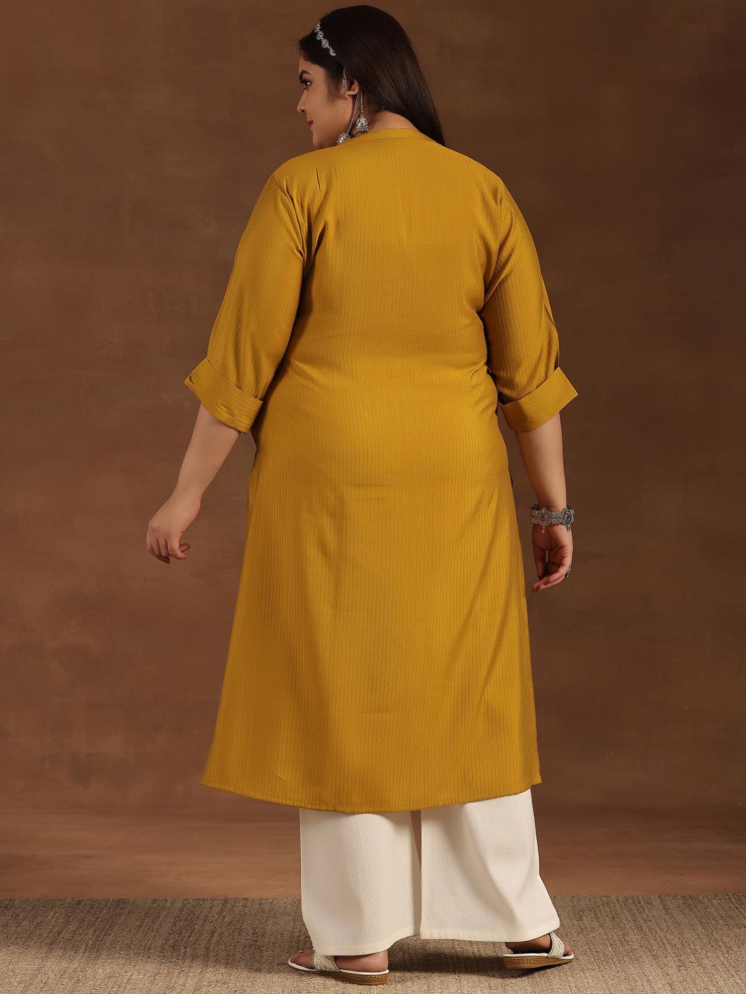 Plus Size Mustard Woven Design Silk Straight Kurta - Libas