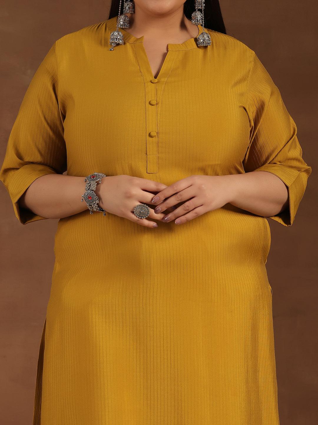 Plus Size Mustard Woven Design Silk Straight Kurta - Libas