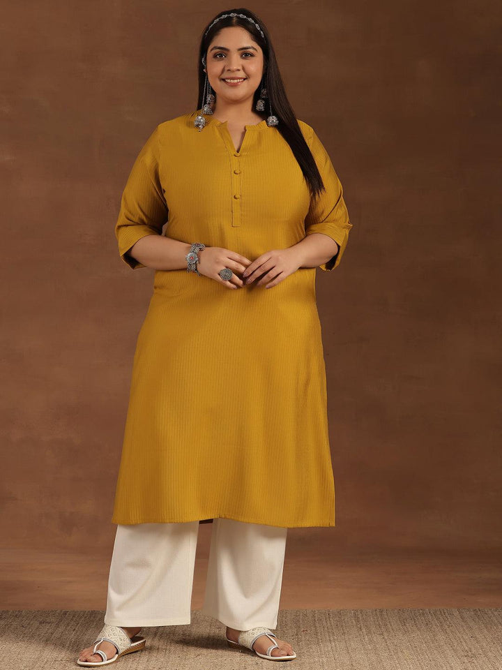 Plus Size Mustard Woven Design Silk Straight Kurta - Libas