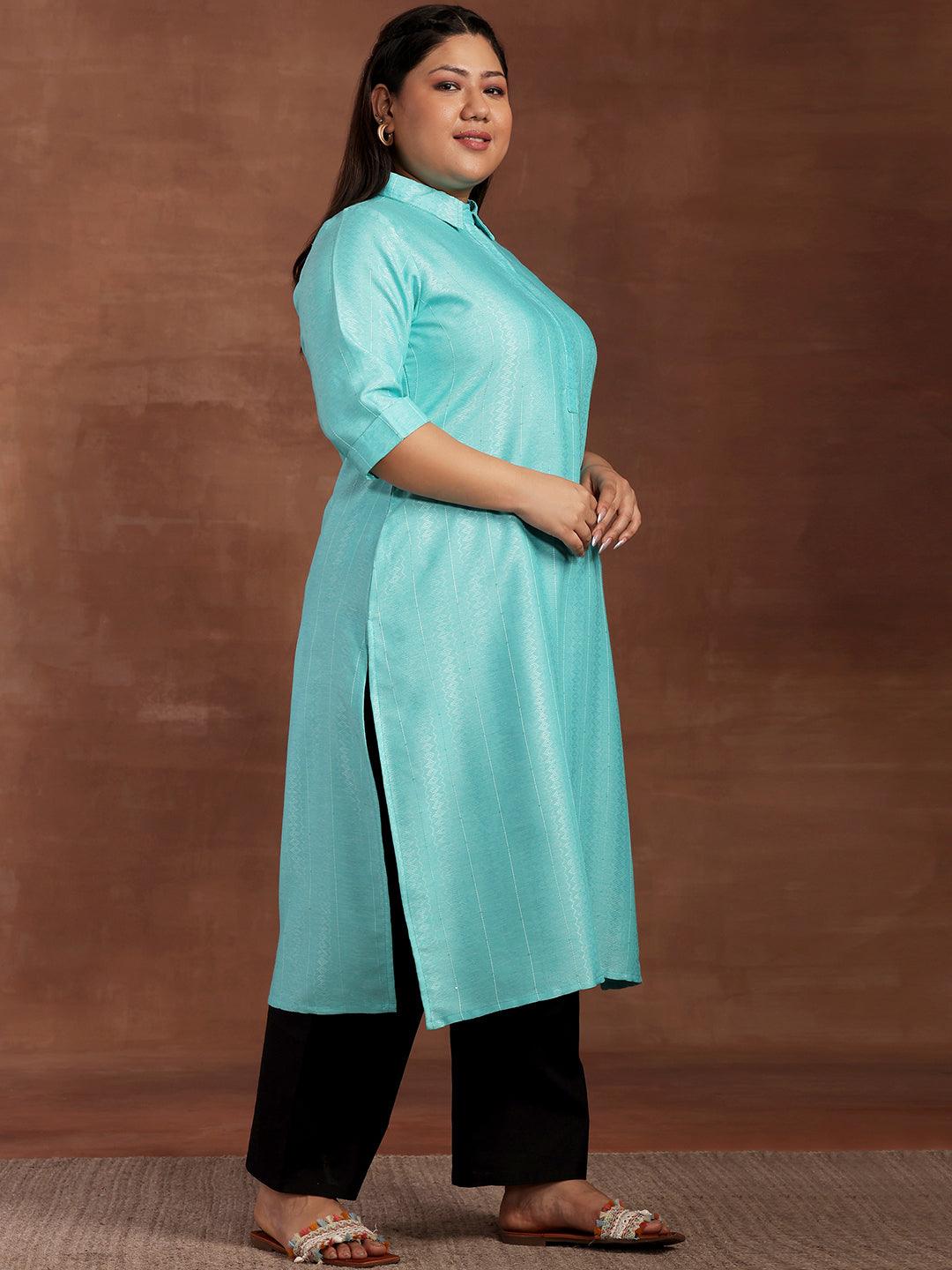 Plus Size Blue Woven Design Cotton Kurta - Libas