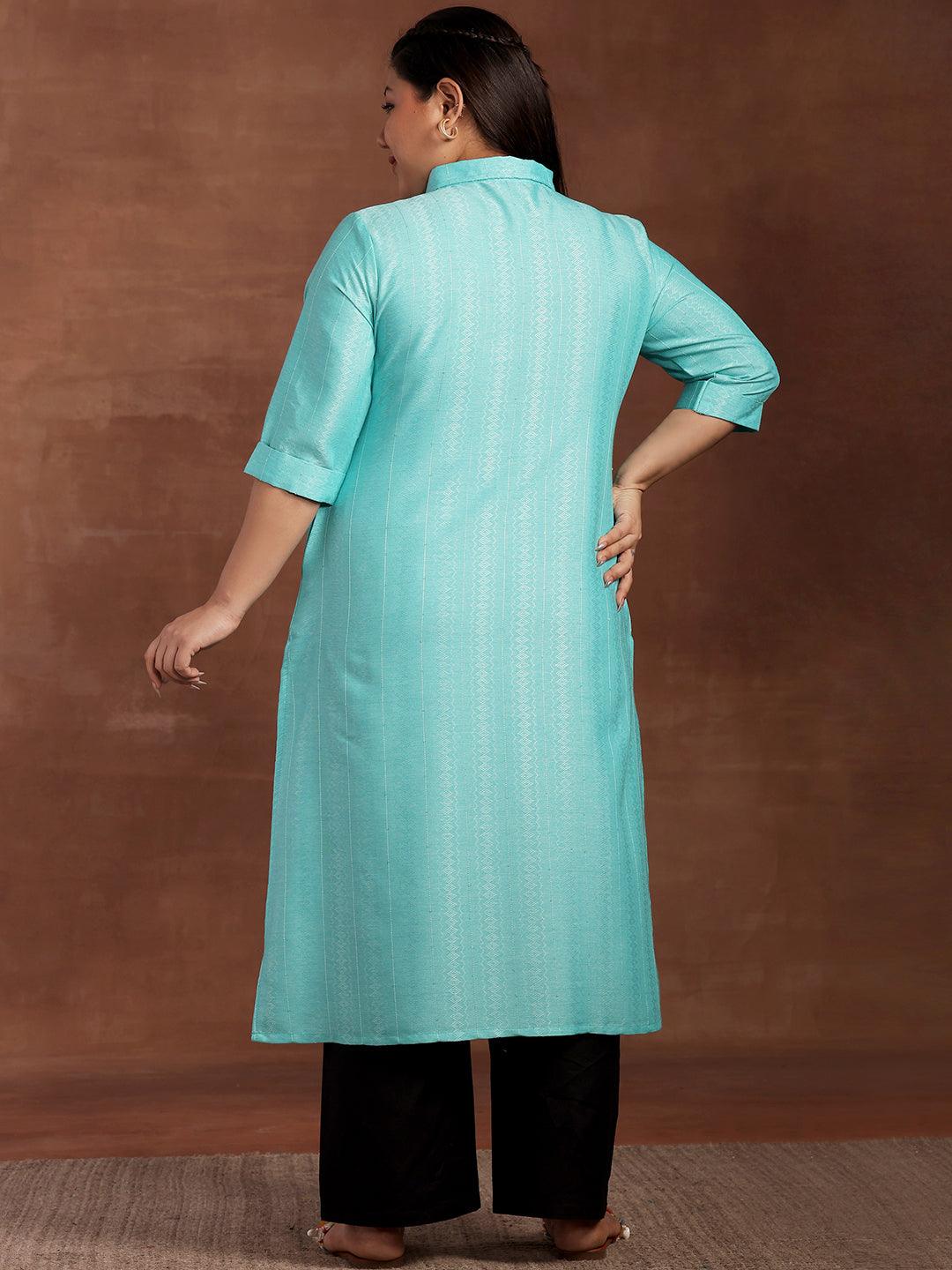 Plus Size Blue Woven Design Cotton Kurta - Libas