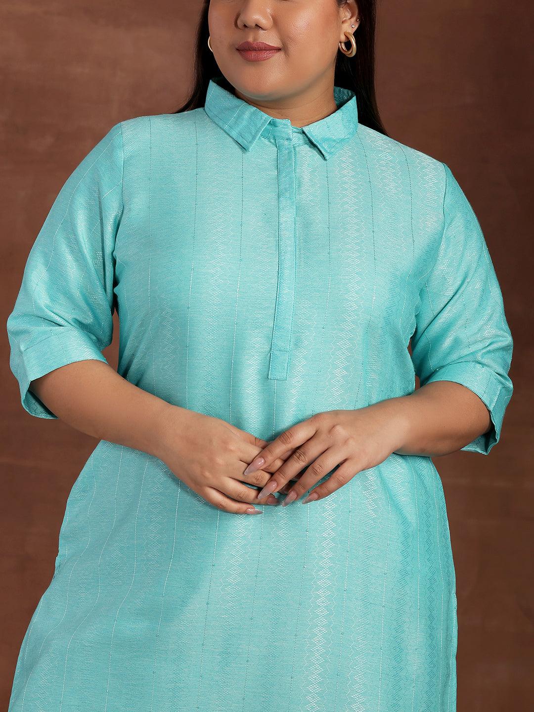 Plus Size Blue Woven Design Cotton Kurta - Libas