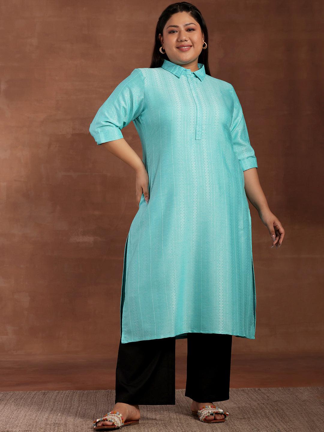 Plus Size Blue Woven Design Cotton Kurta - Libas