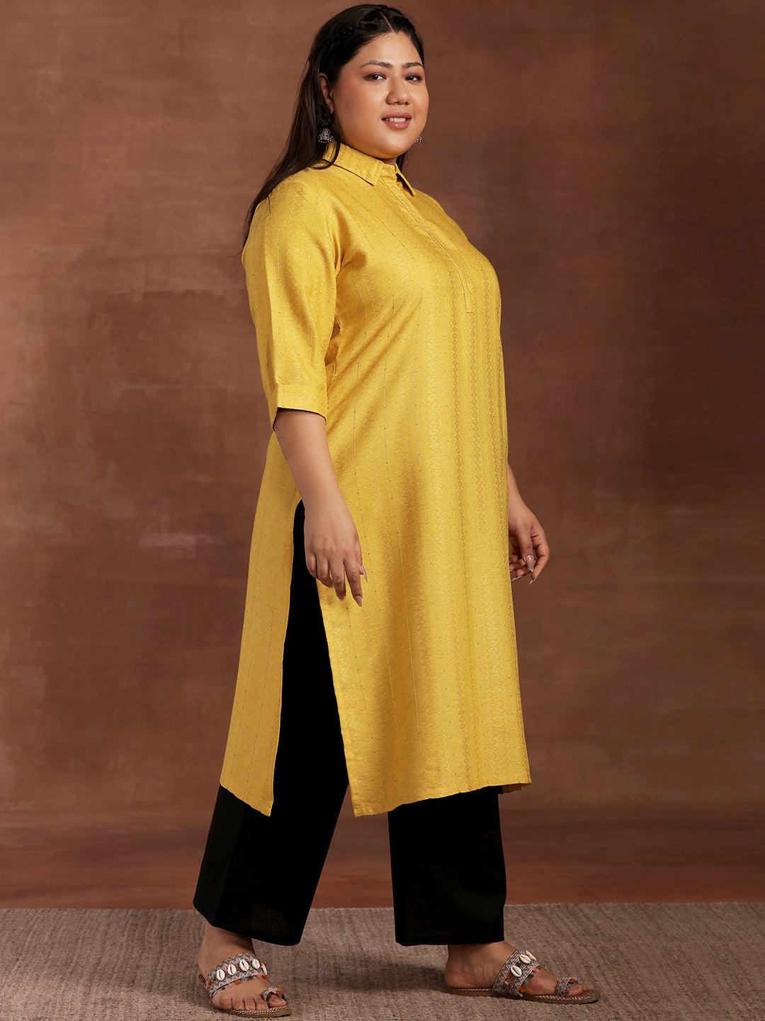 Plus Size Yellow Woven Design Cotton Kurta