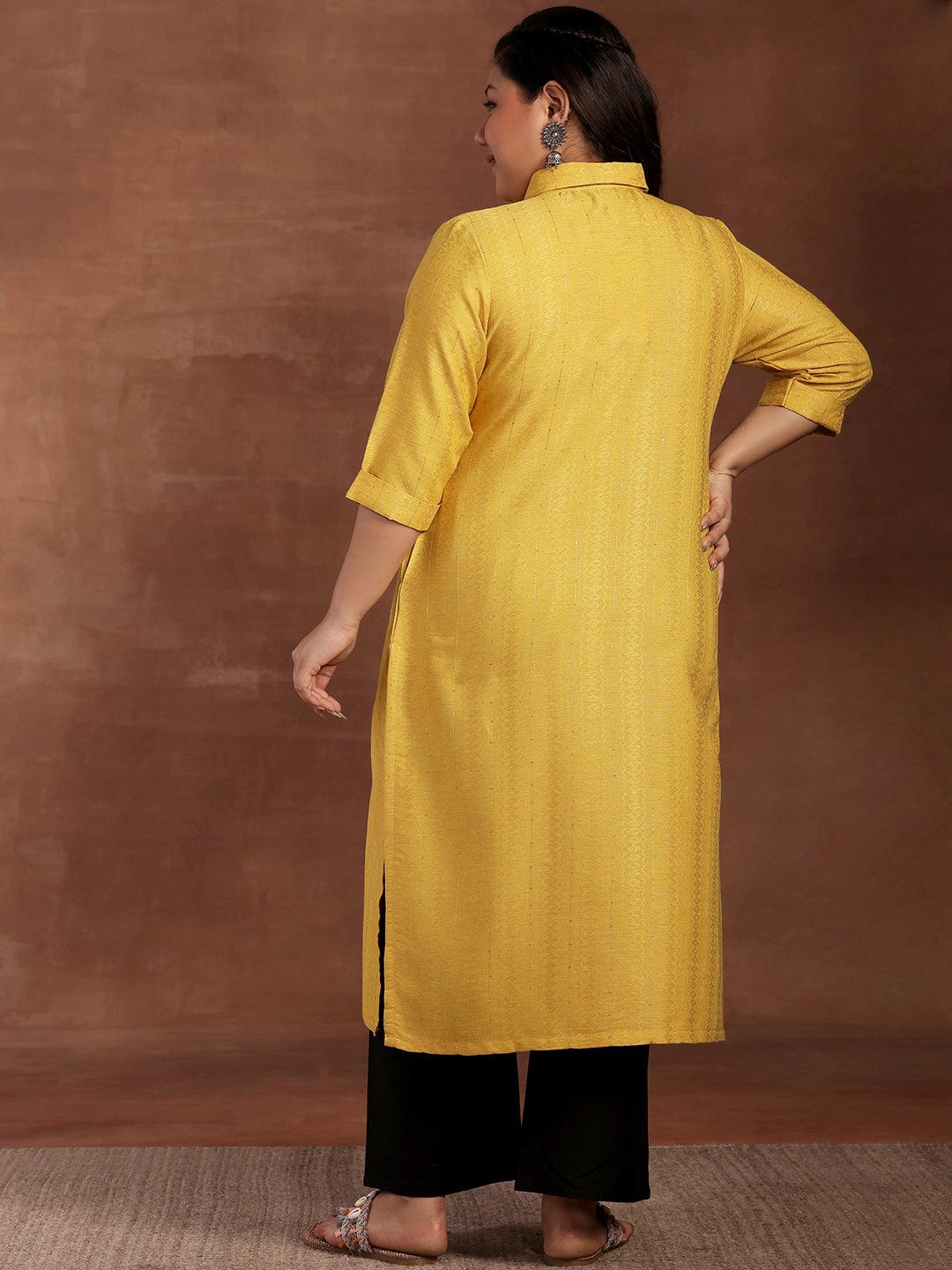 Plus Size Yellow Woven Design Cotton Kurta - Libas