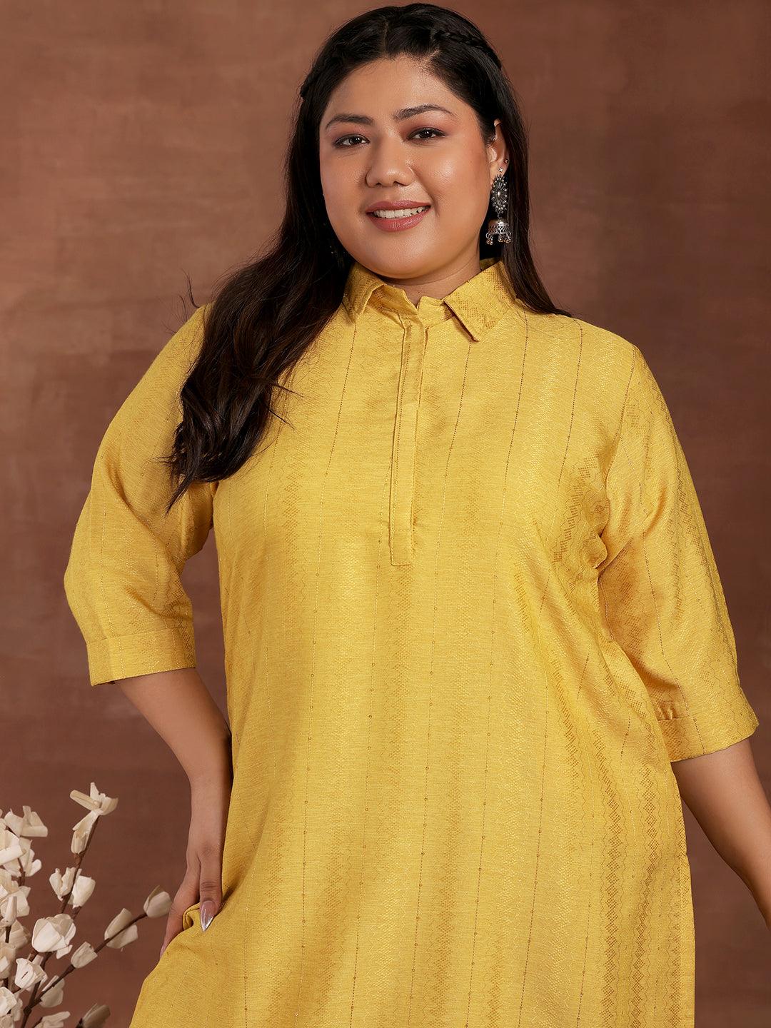Plus Size Yellow Woven Design Cotton Kurta