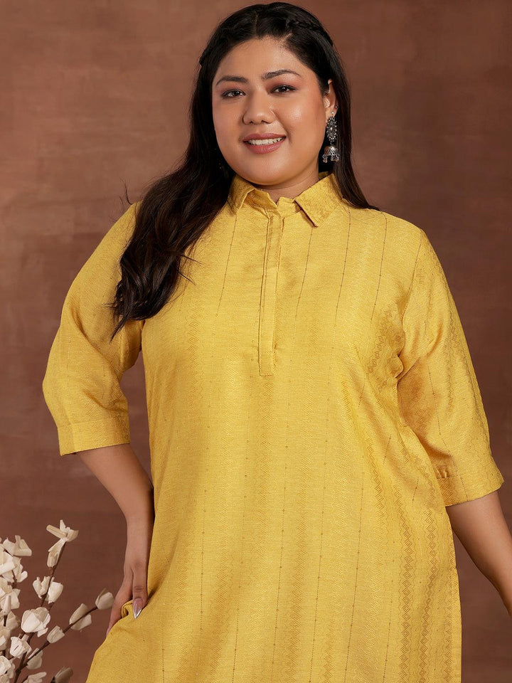 Plus Size Yellow Woven Design Cotton Kurta - Libas