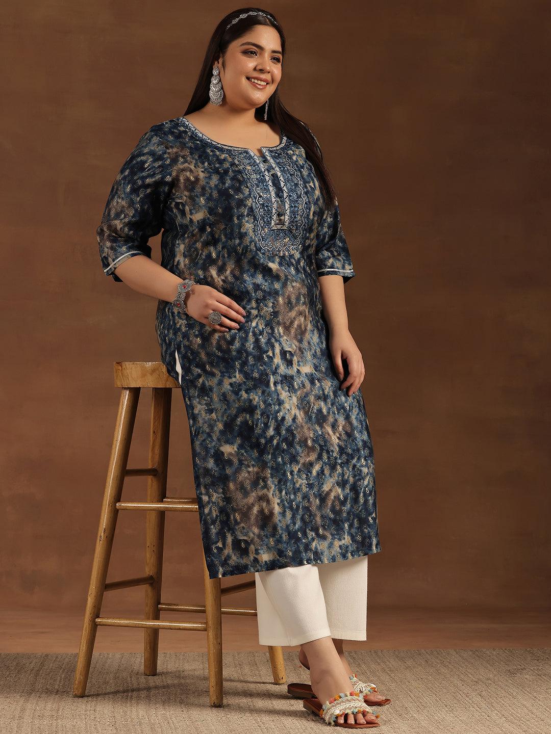 Plus Size Navy Blue Yoke Design Silk Straight Kurta - Libas