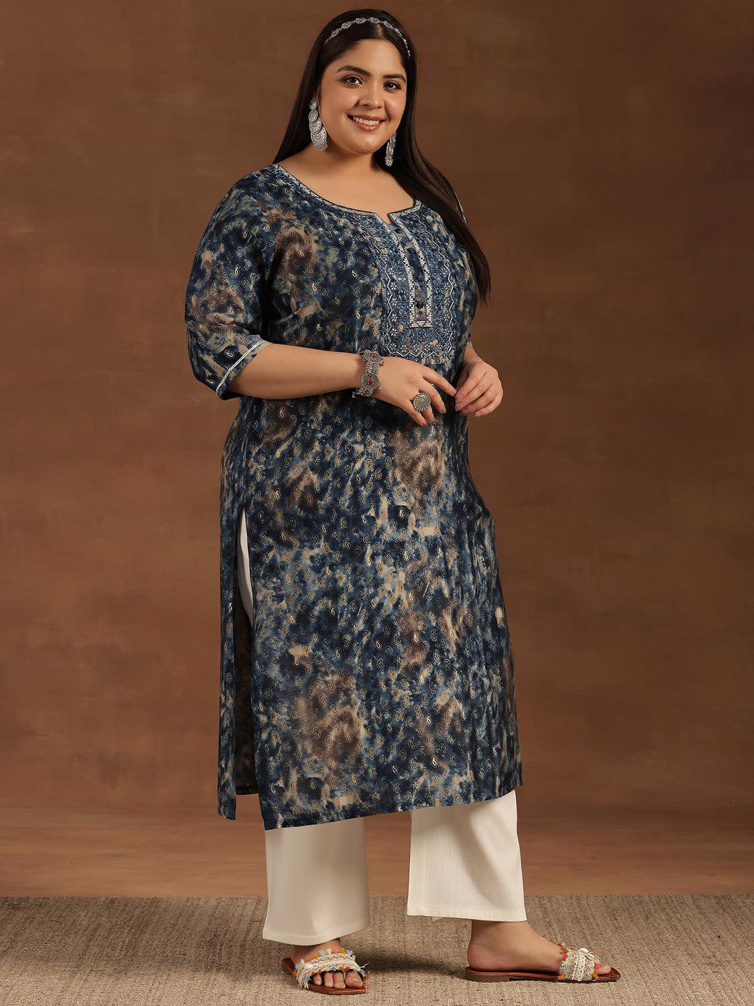 Plus Size Navy Blue Yoke Design Silk Straight Kurta - Libas