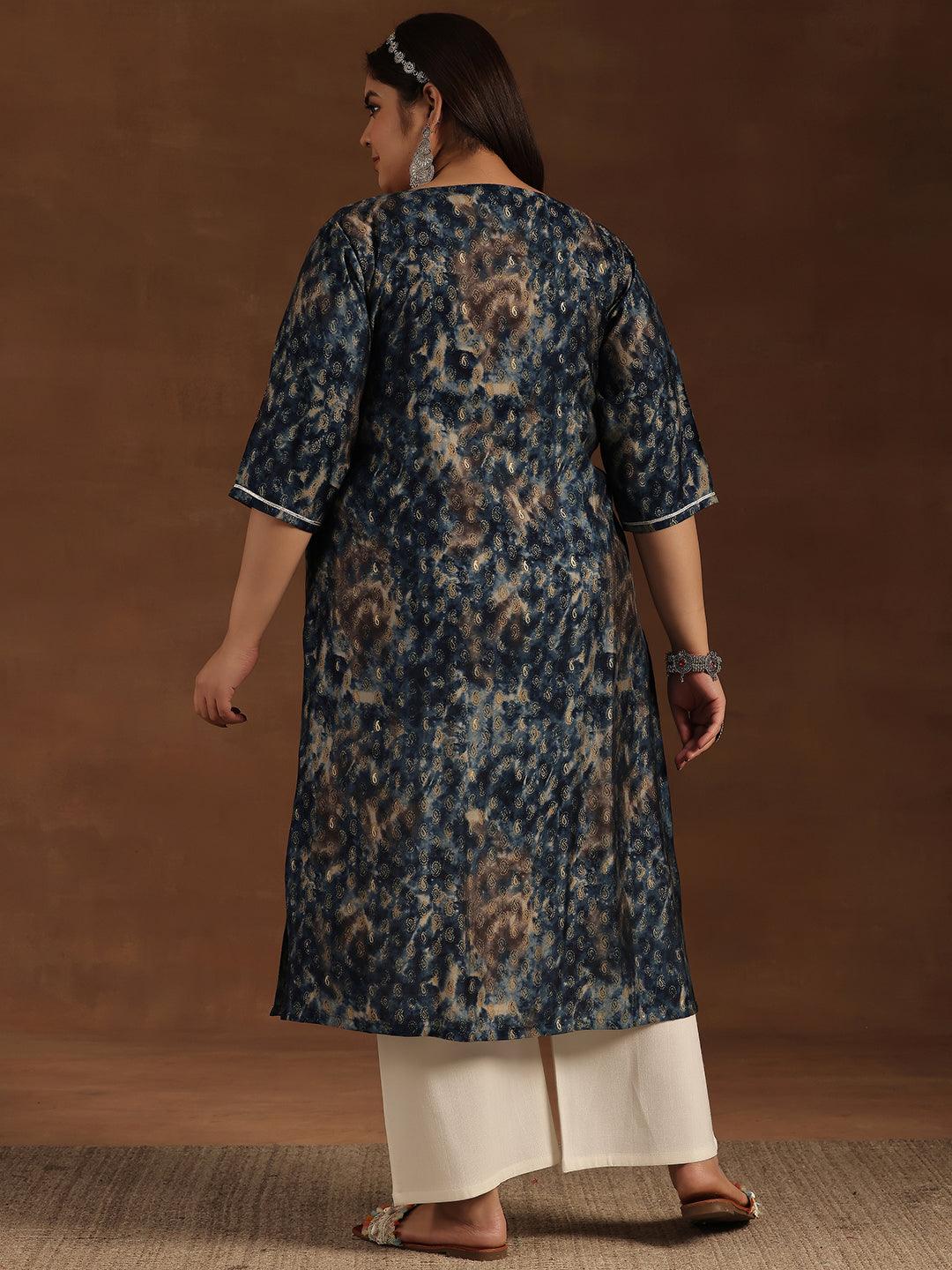 Plus Size Navy Blue Yoke Design Silk Straight Kurta - Libas