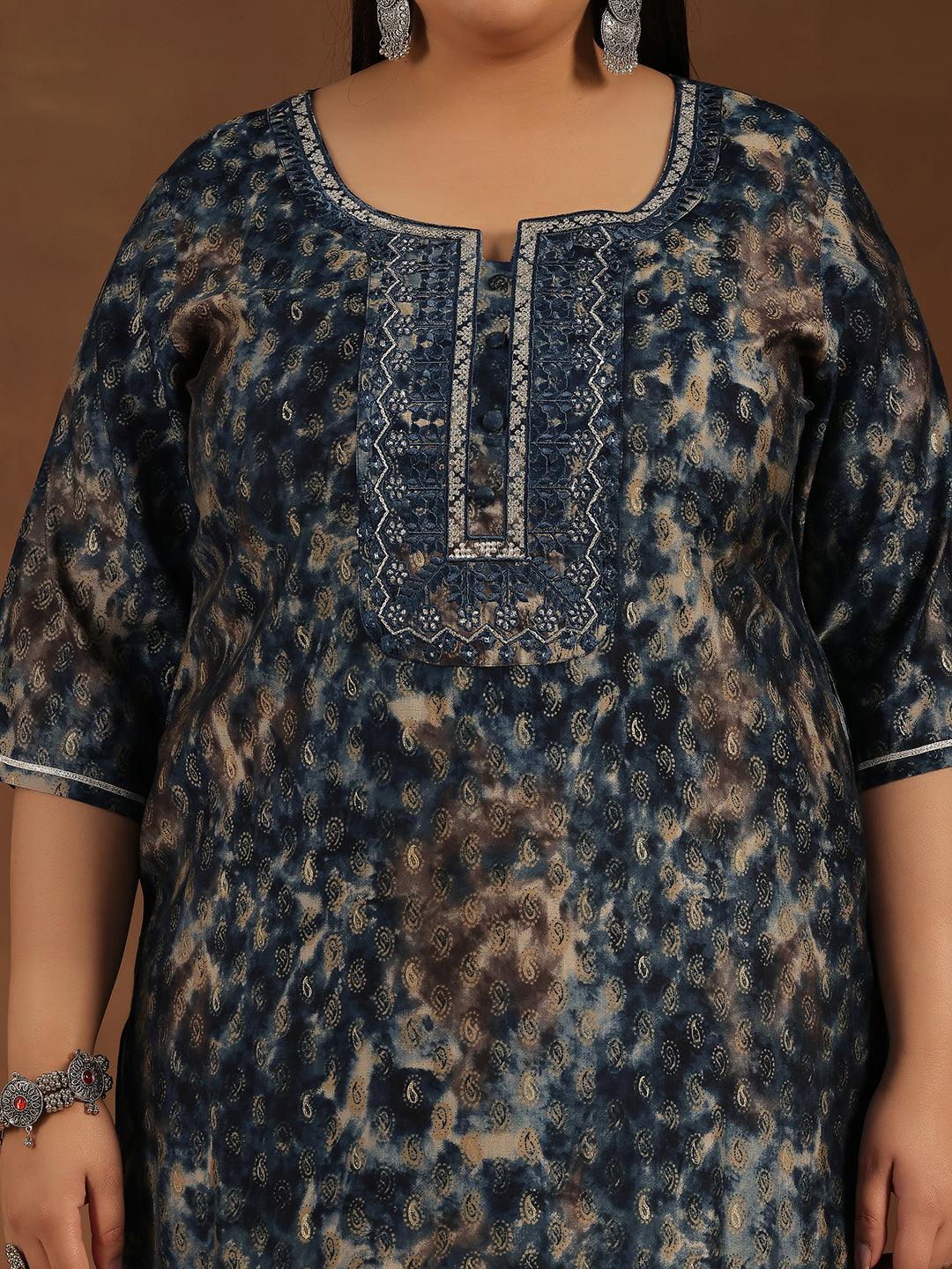 Plus Size Navy Blue Yoke Design Silk Straight Kurta - Libas