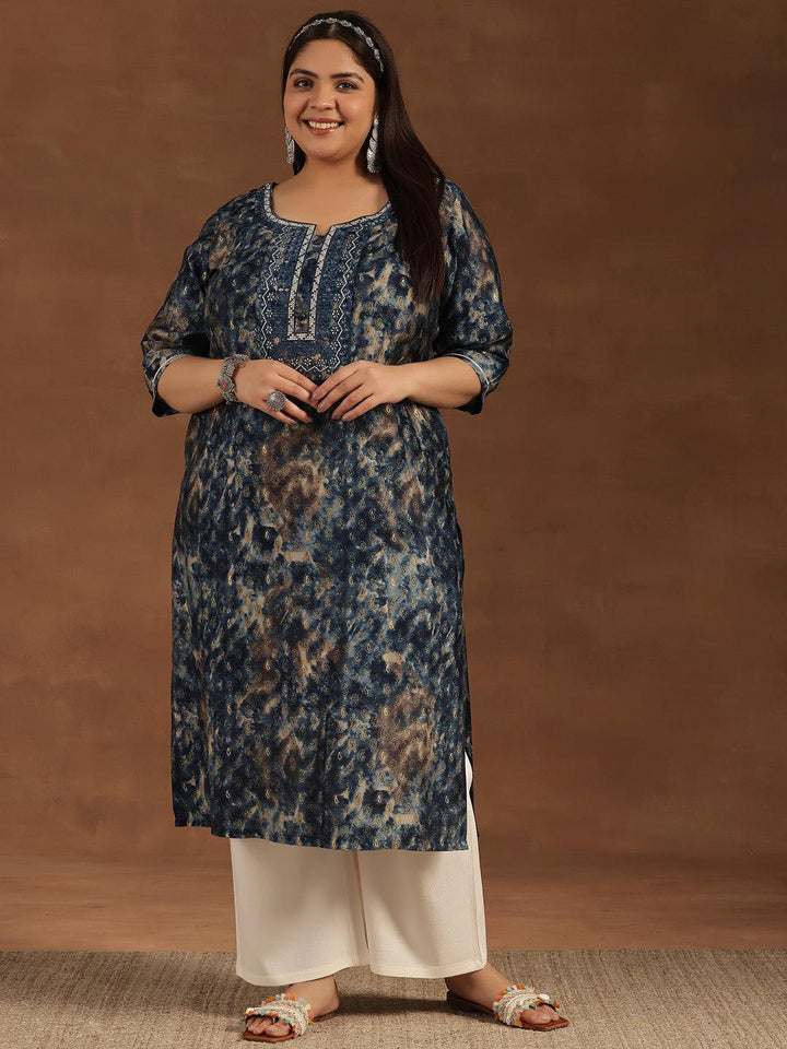 Plus Size Navy Blue Yoke Design Silk Straight Kurta - Libas