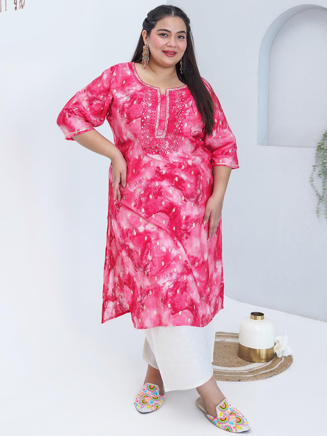 Plus Size Pink Yoke Design Silk Straight Kurta - Libas 