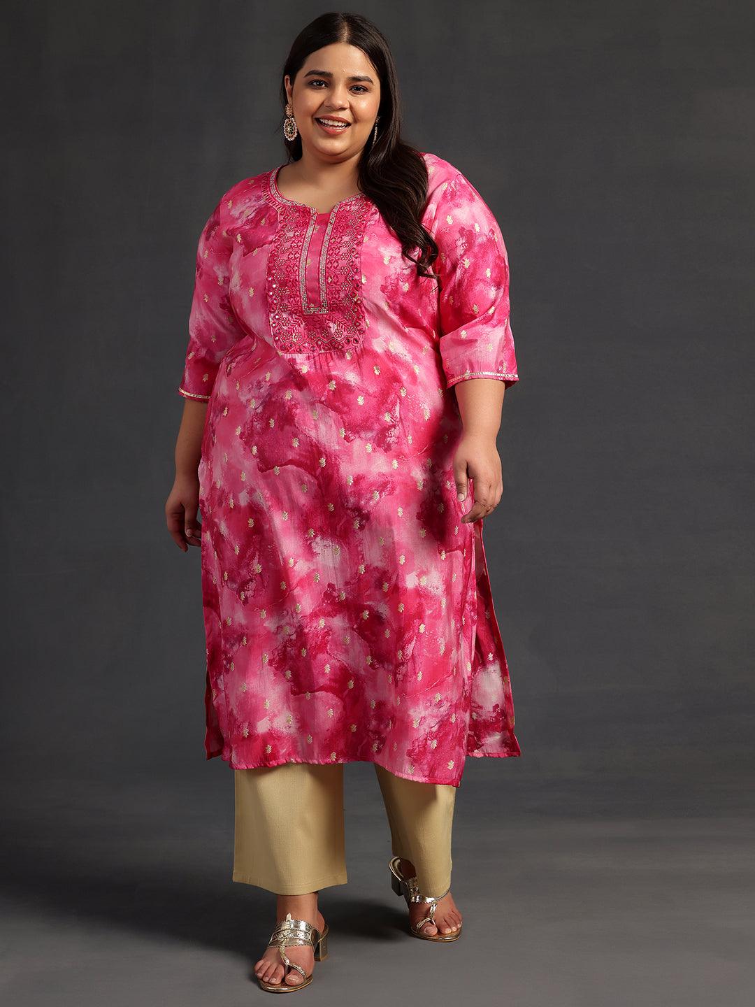 Plus Size Pink Yoke Design Silk Straight Kurta - Libas