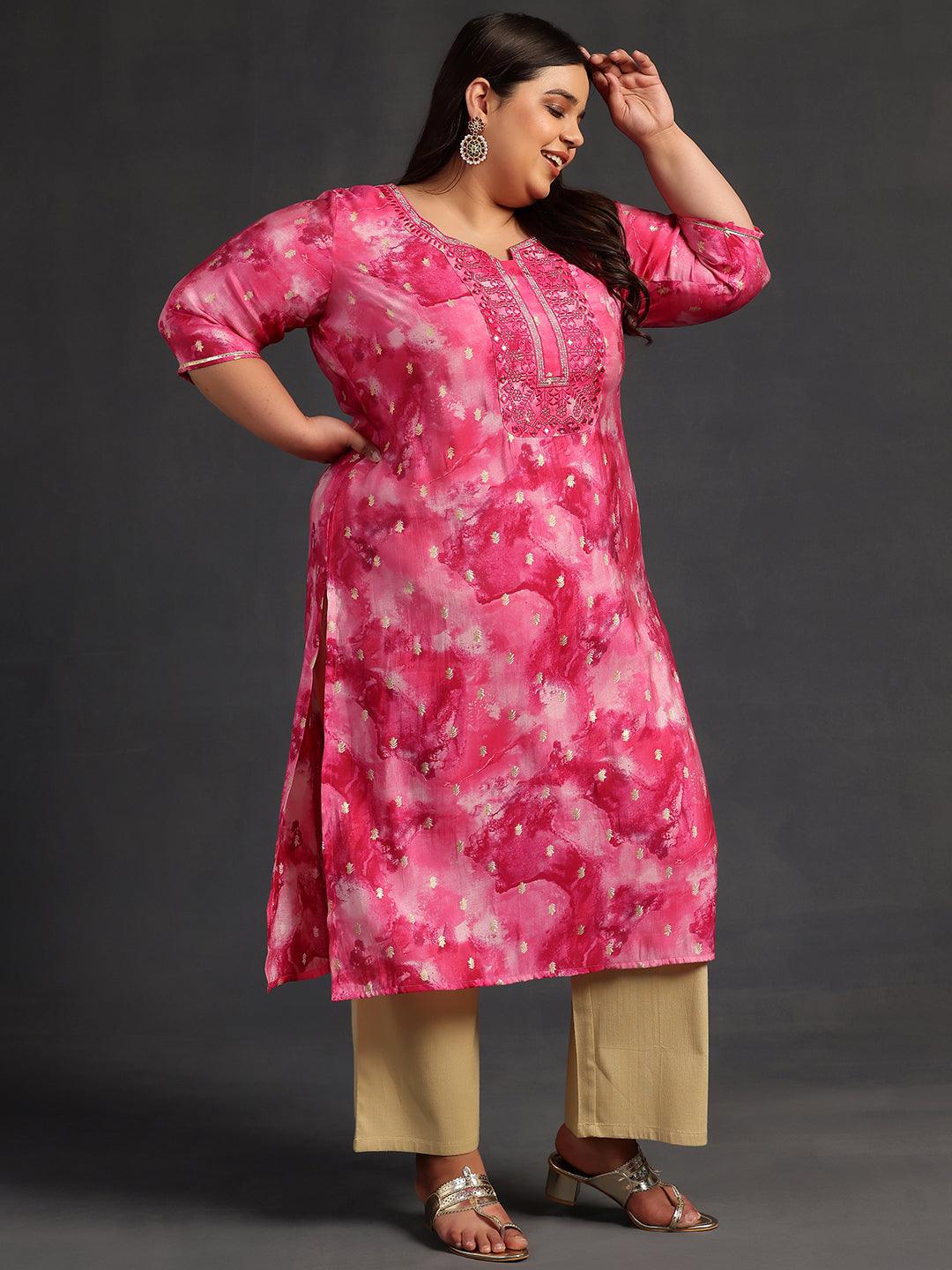 Plus Size Pink Yoke Design Silk Straight Kurta - Libas 