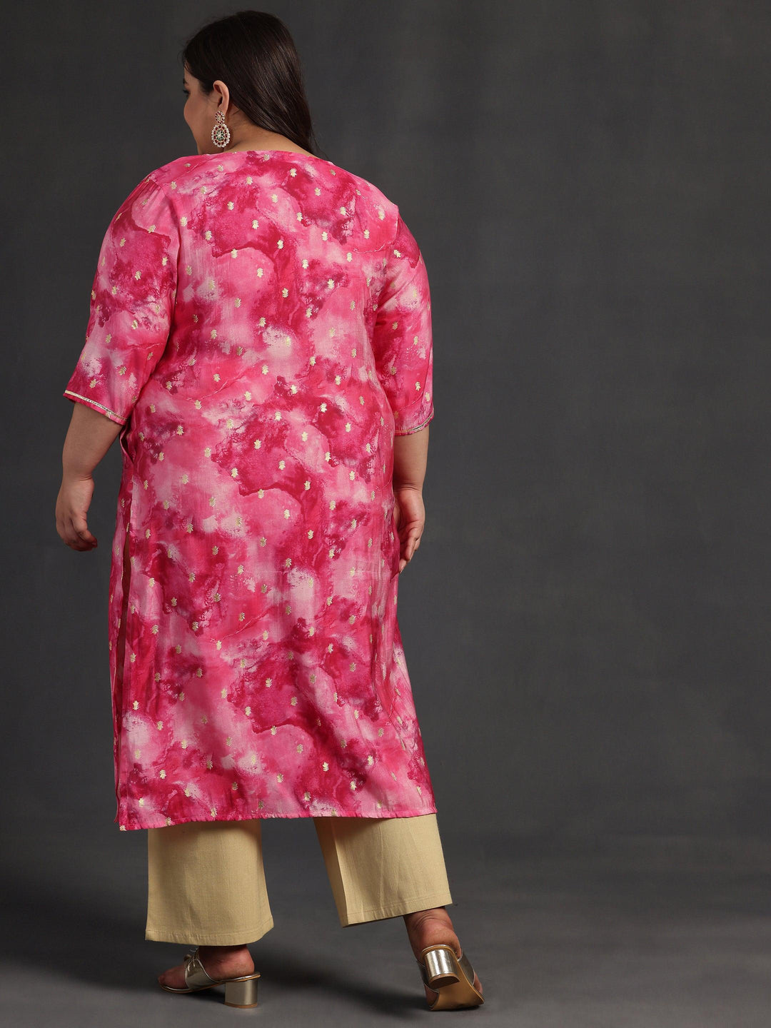 Plus Size Pink Yoke Design Silk Straight Kurta - Libas 