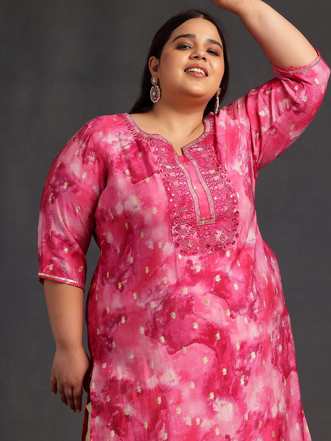 Plus Size Pink Yoke Design Silk Straight Kurta - Libas