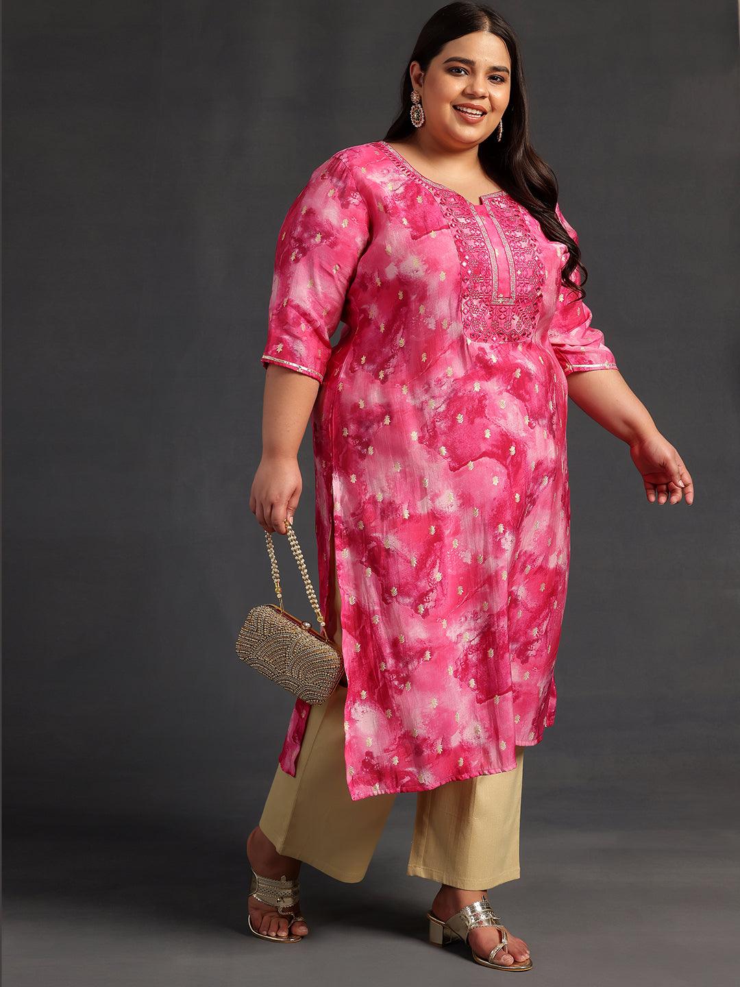 Plus Size Pink Yoke Design Silk Straight Kurta - Libas 